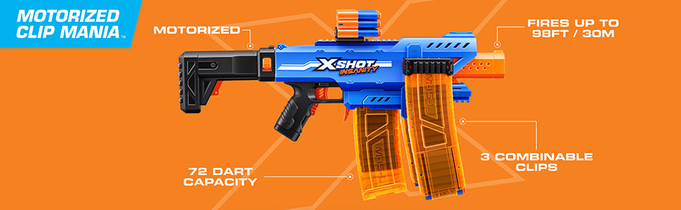 ZURU XSHOT INSANITY S1 MOTORISED CLIP BLASTER 72 Darts
