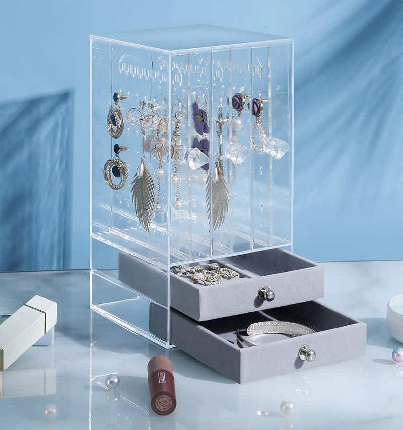 DS BS Acrylic Earring Holder and Jewelry Organizer 3 Slots 2 Drawers