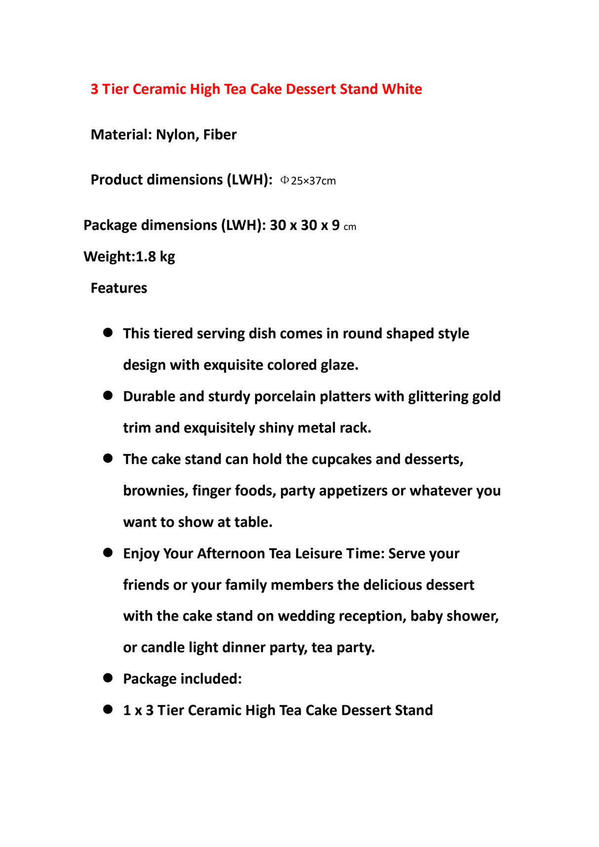 DS BS 3 Tier Ceramic High Tea Cake Dessert Stand-White