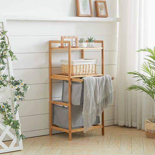 DS BS Natural Bamboo 2-Tier Multifunctional 2 Drawer Basket Rack