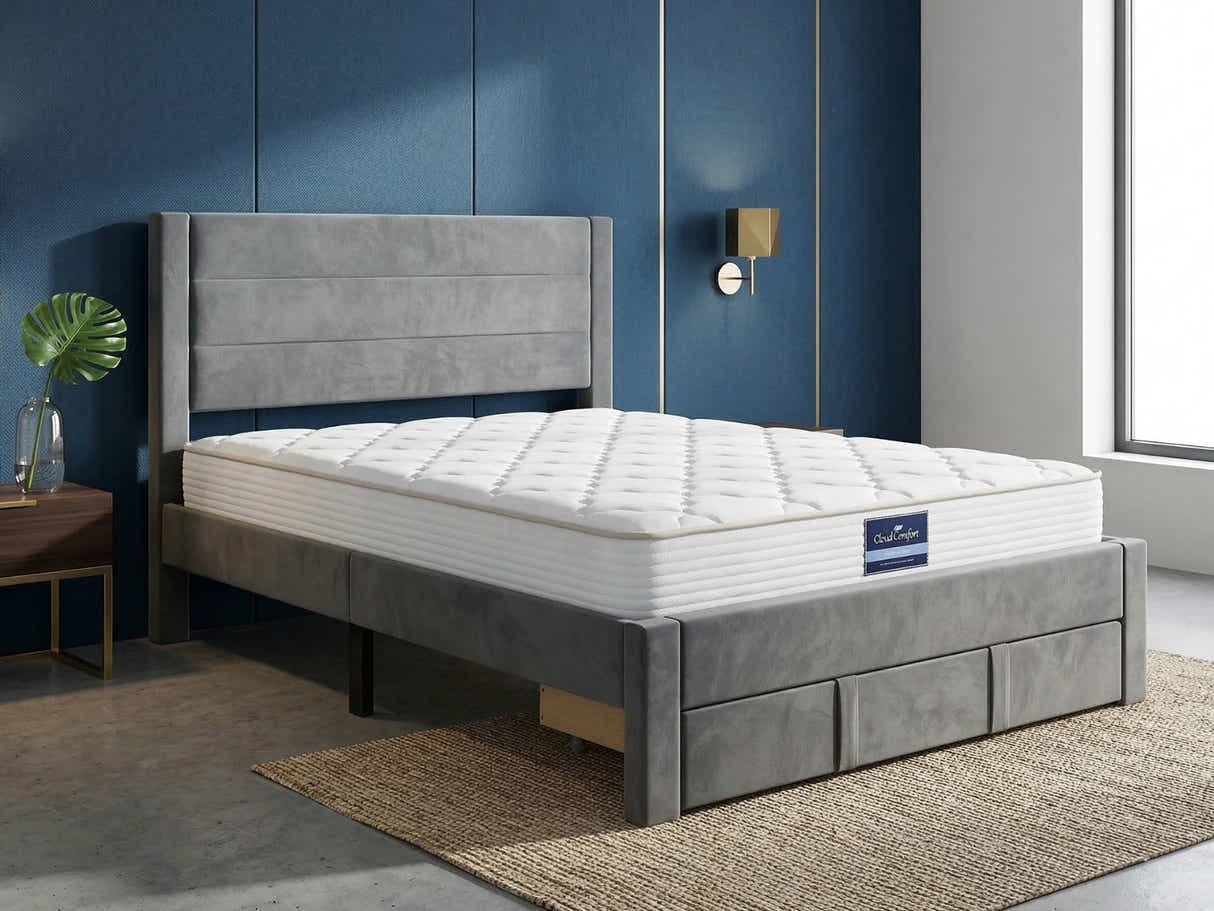Heloise Bed Frame With Drawer & PIL20 Mattress with Pillows - Double