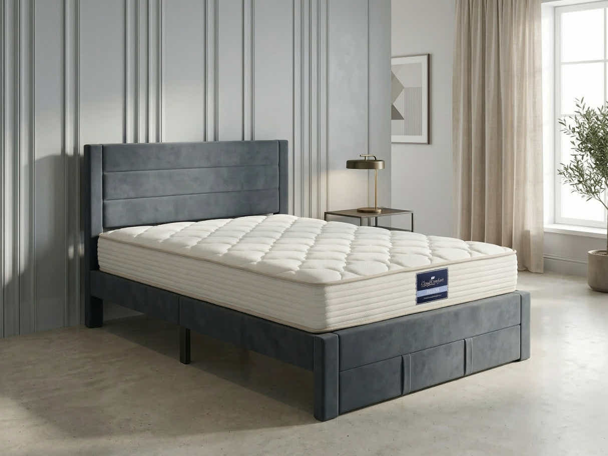 Heloise Bed Frame With Drawer & PIL20 Mattress with Pillows - Queen