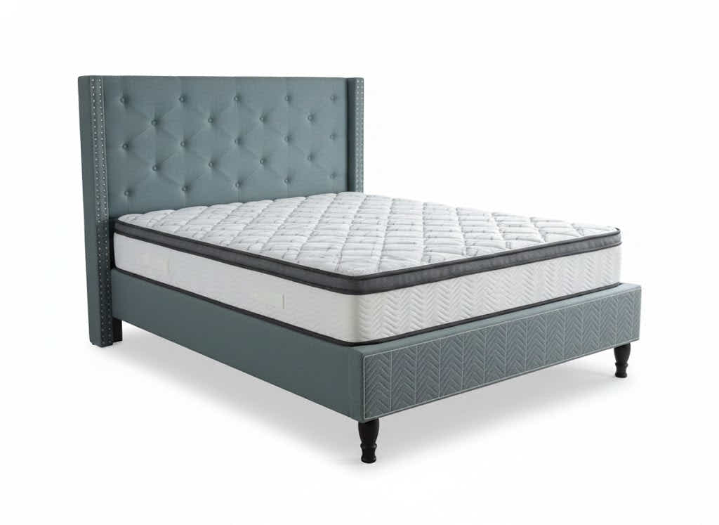 New Lisbeth Bed Frame Blue & Euro Top Memory Foam Mattress GEL30 - Double