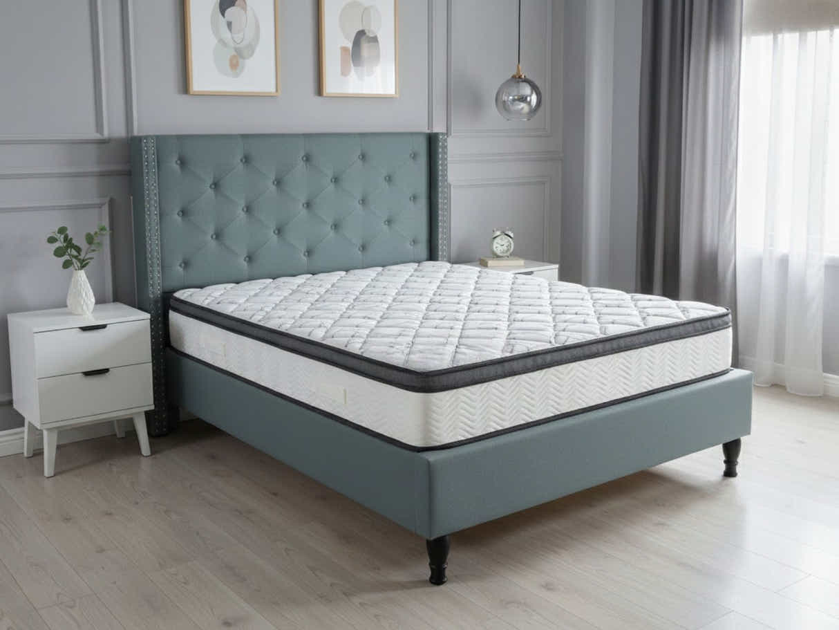 New Lisbeth Bed Frame Blue & Euro Top Memory Foam Mattress GEL30 - Double