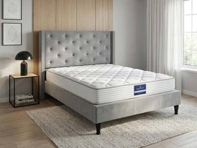 New Lisbeth Bed Frame Grey & PIL20 Mattress with Pillows - Double