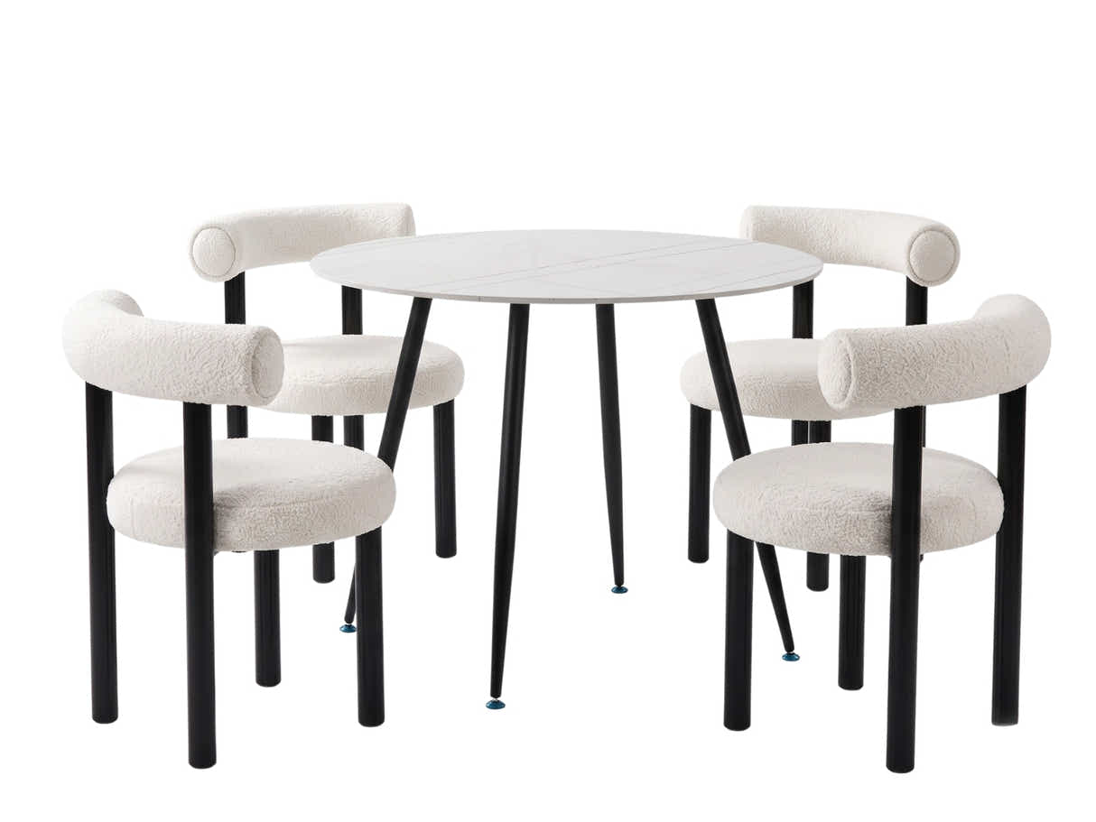 Lavina Round Dining Table with Marble Top 90 cm & Boucle Velvet Dining Chair White - Set of 4
