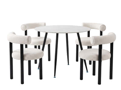 Lavina Round Dining Table with Marble Top 90 cm & Boucle Velvet Dining Chair White - Set of 4