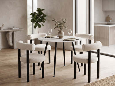 Lavina Round Dining Table with Marble Top 90 cm & Boucle Velvet Dining Chair White - Set of 4