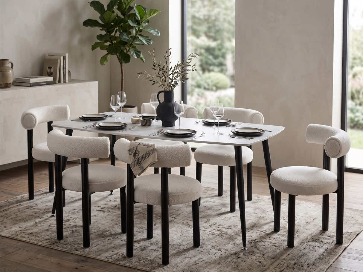 Lavina Dining Table with MDF Top 160 cm & Boucle Velvet Dining Chair White - Set of 6