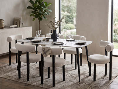 Lavina Dining Table with MDF Top 160 cm & Boucle Velvet Dining Chair White - Set of 6