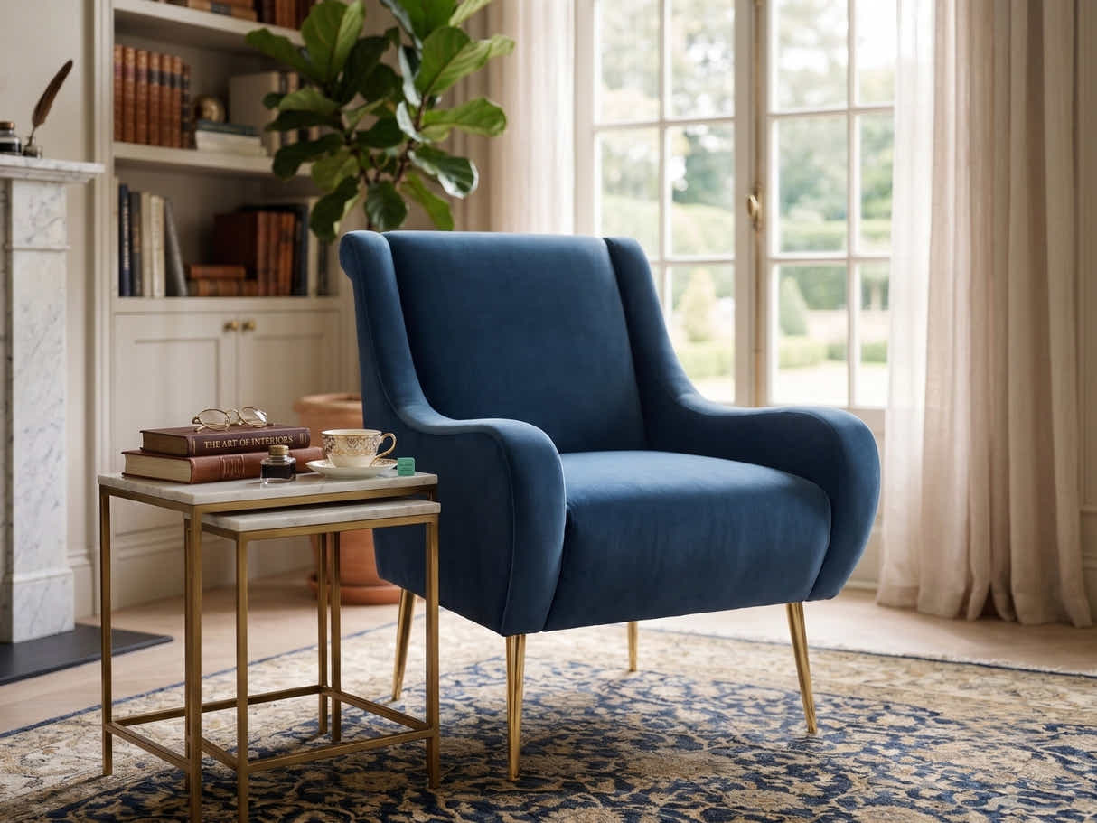Velvet Accent Chair with Curved Arms - Light Blue