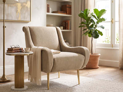 Linen Accent Chair with Curved Arms - Beige