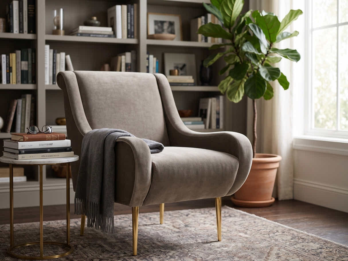 Linen Accent Chair with Curved Arms - Beige Grey