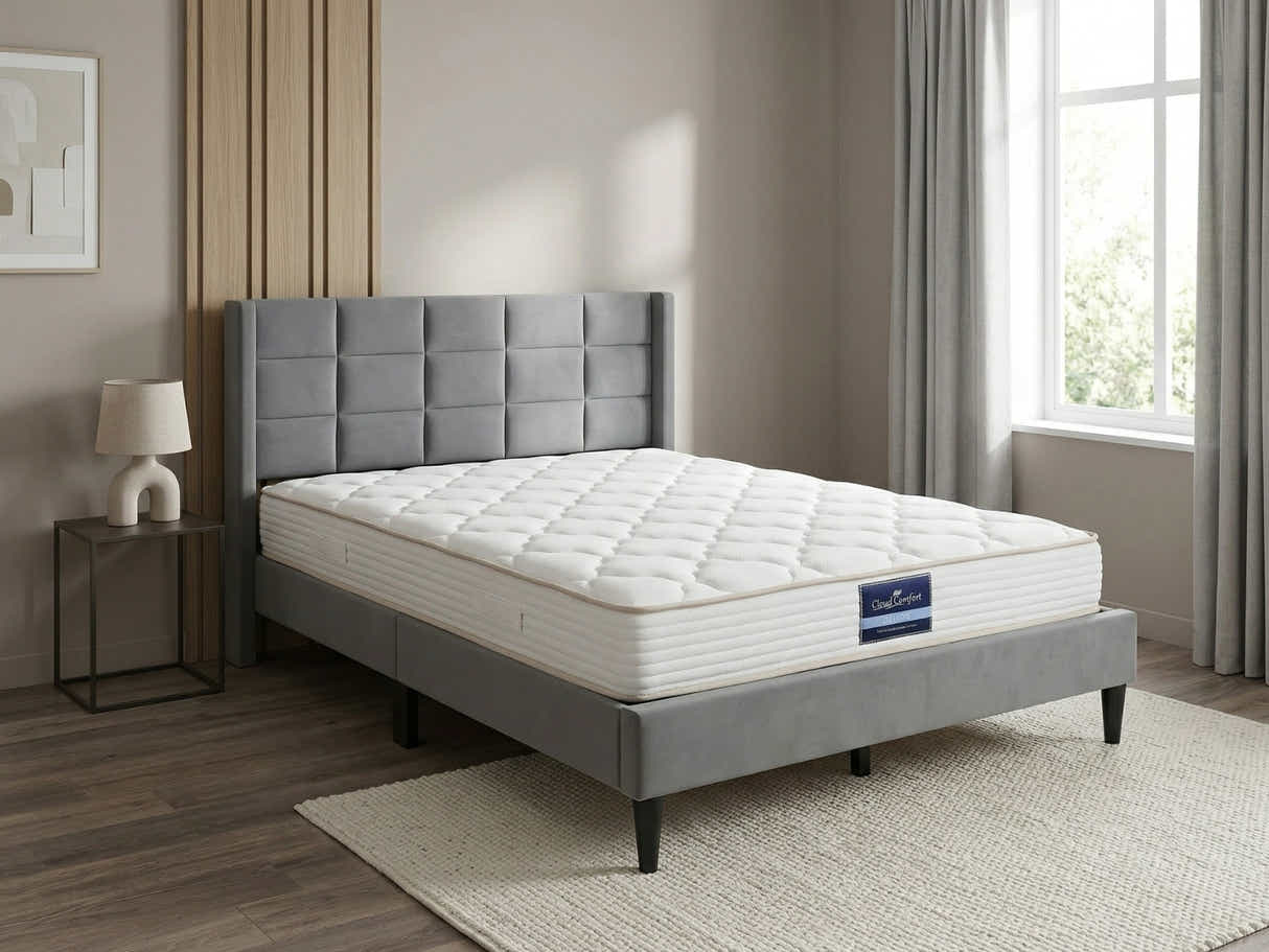 Neron Velvet Bed Frame Charcoal & PIL20 Mattress with Pillows - Double