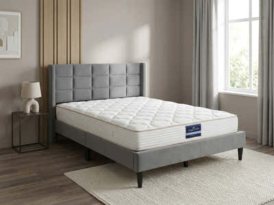 Neron Velvet Bed Frame Charcoal & PIL20 Mattress with Pillows - Double