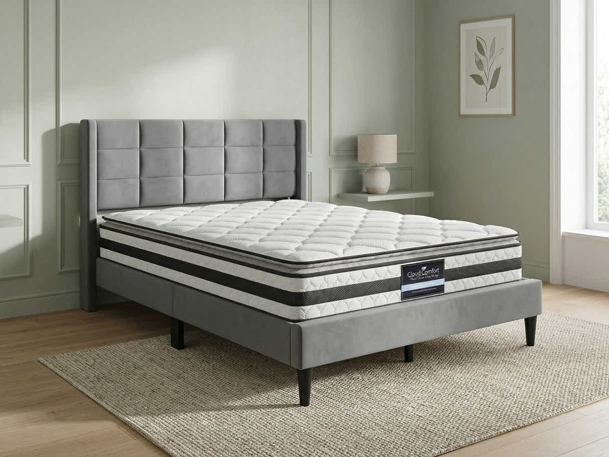 Neron Velvet Bed Frame Charcoal & Bon21 Mattress - Queen