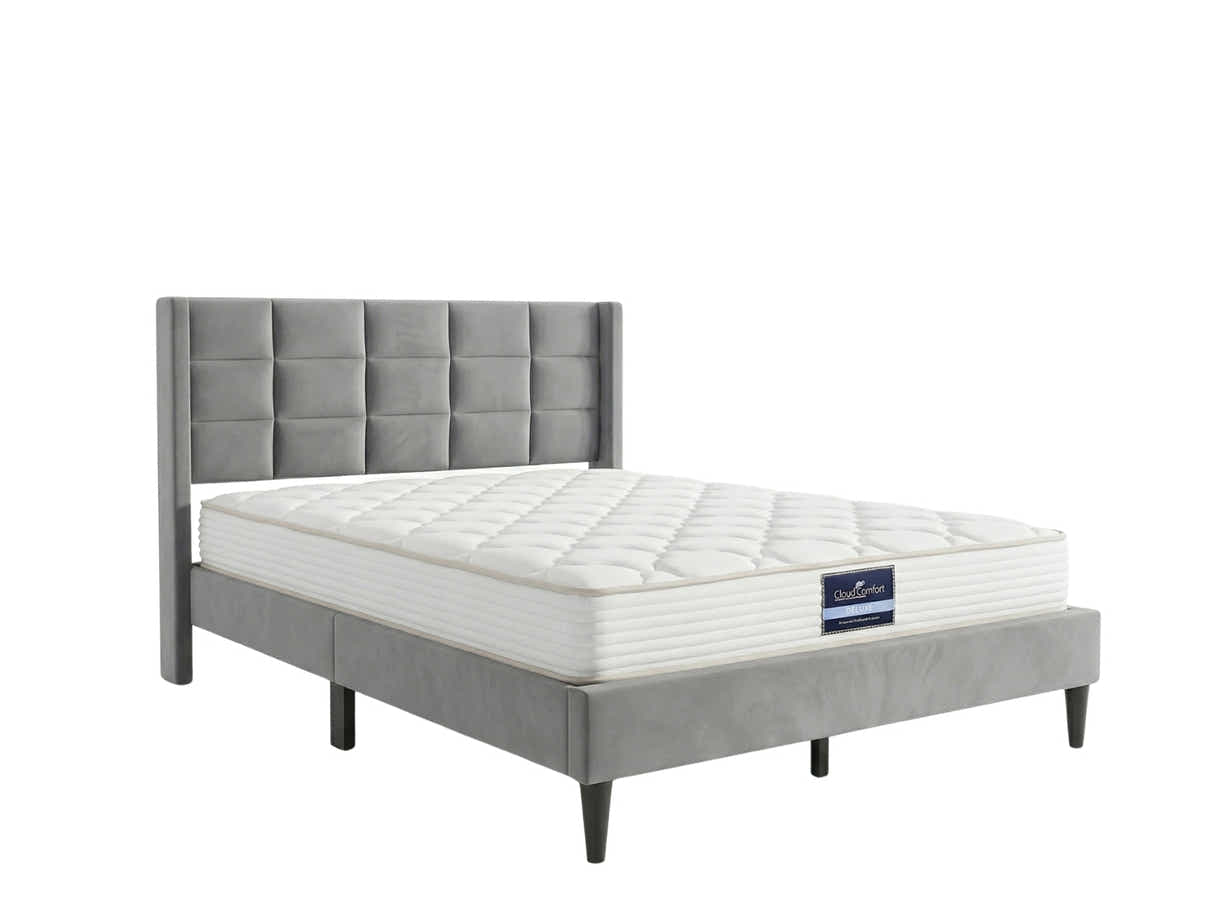 Neron Velvet Bed Frame Charcoal & PIL20 Mattress with Pillows - Queen
