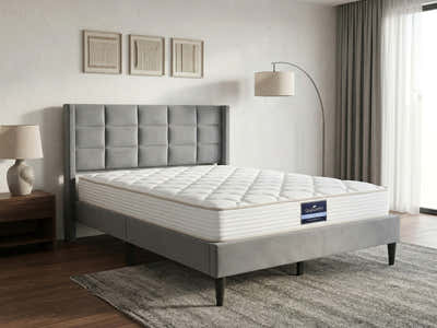 Neron Velvet Bed Frame Charcoal & PIL20 Mattress with Pillows - Queen