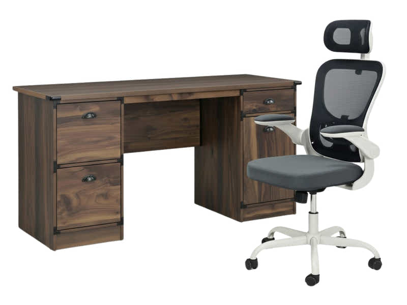 Executive Desk Dark Walnut & Molina Mesh Task Chair White+Grey (Combo)