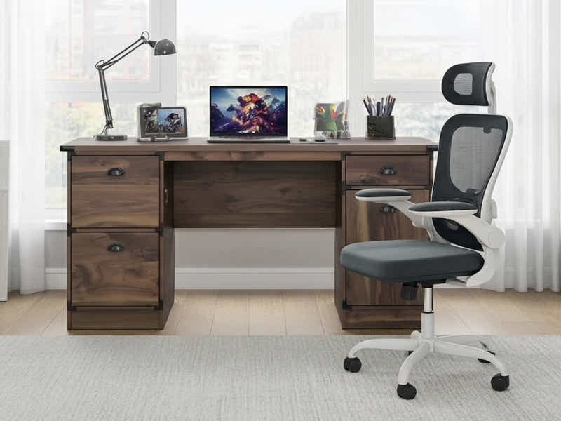 Executive Desk Dark Walnut & Molina Mesh Task Chair White+Grey (Combo)
