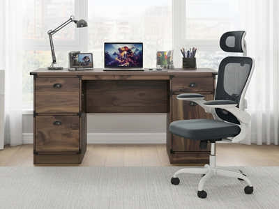 Executive Desk Dark Walnut & Molina Mesh Task Chair White+Grey (Combo)