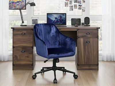 Executive Desk Dark Walnut & Lilac Office Chair Velvet Blue (Combo)