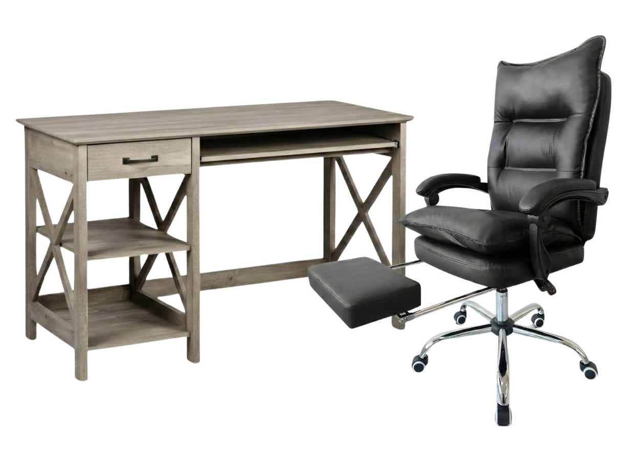Writing Desk Rustic Oak & New Markus Office Chair with Footrest PU Black