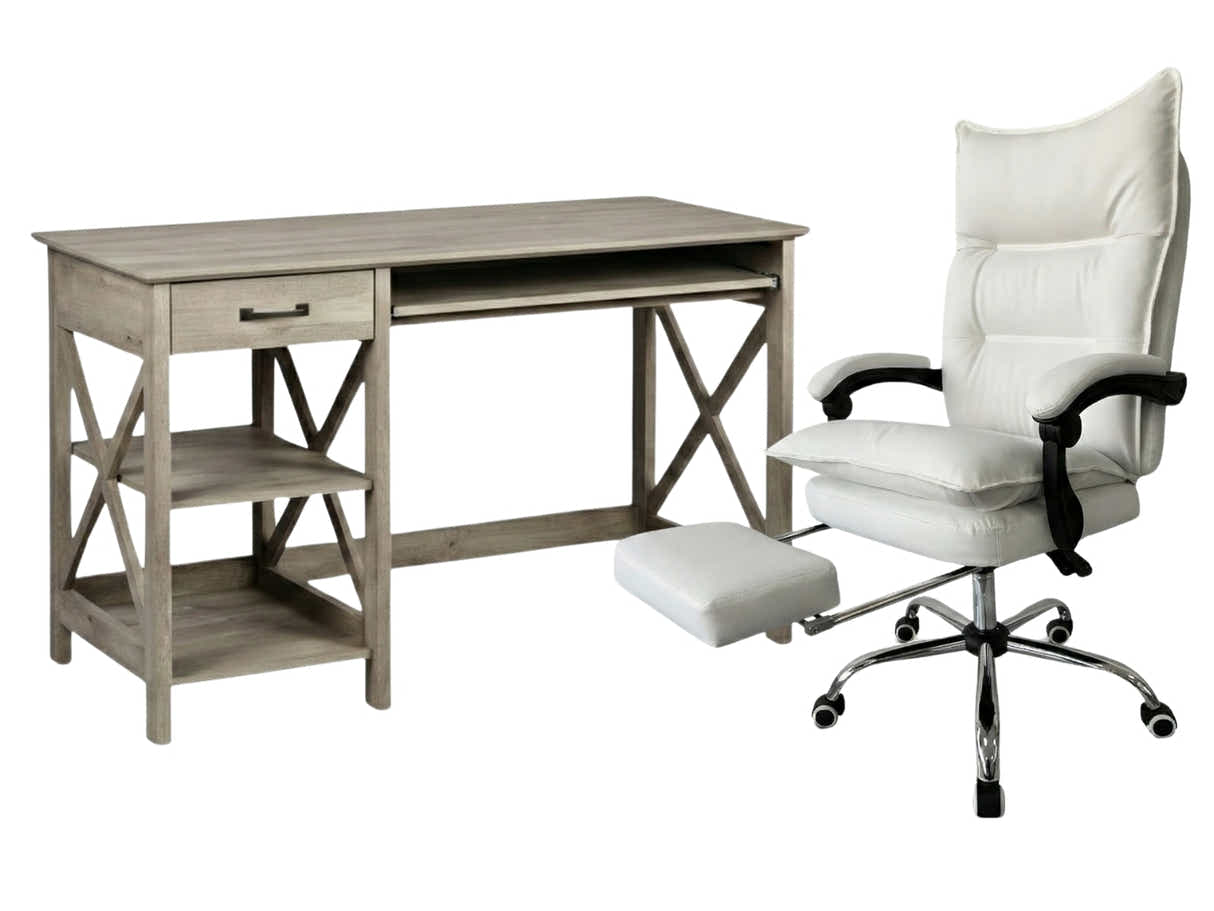 Writing Desk Rustic Oak & New Markus Office Chair with Footrest PU White