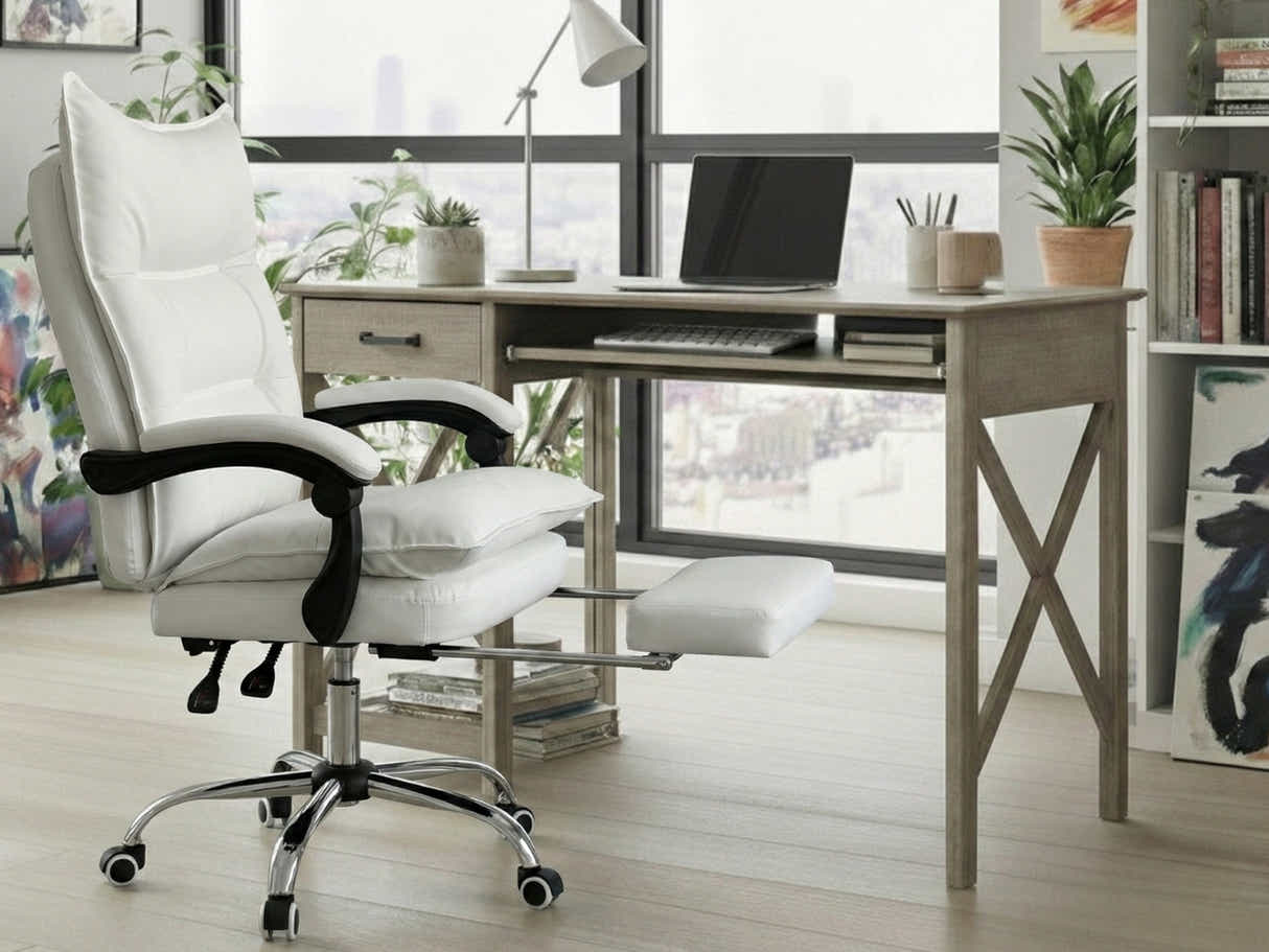 Writing Desk Rustic Oak & New Markus Office Chair with Footrest PU White