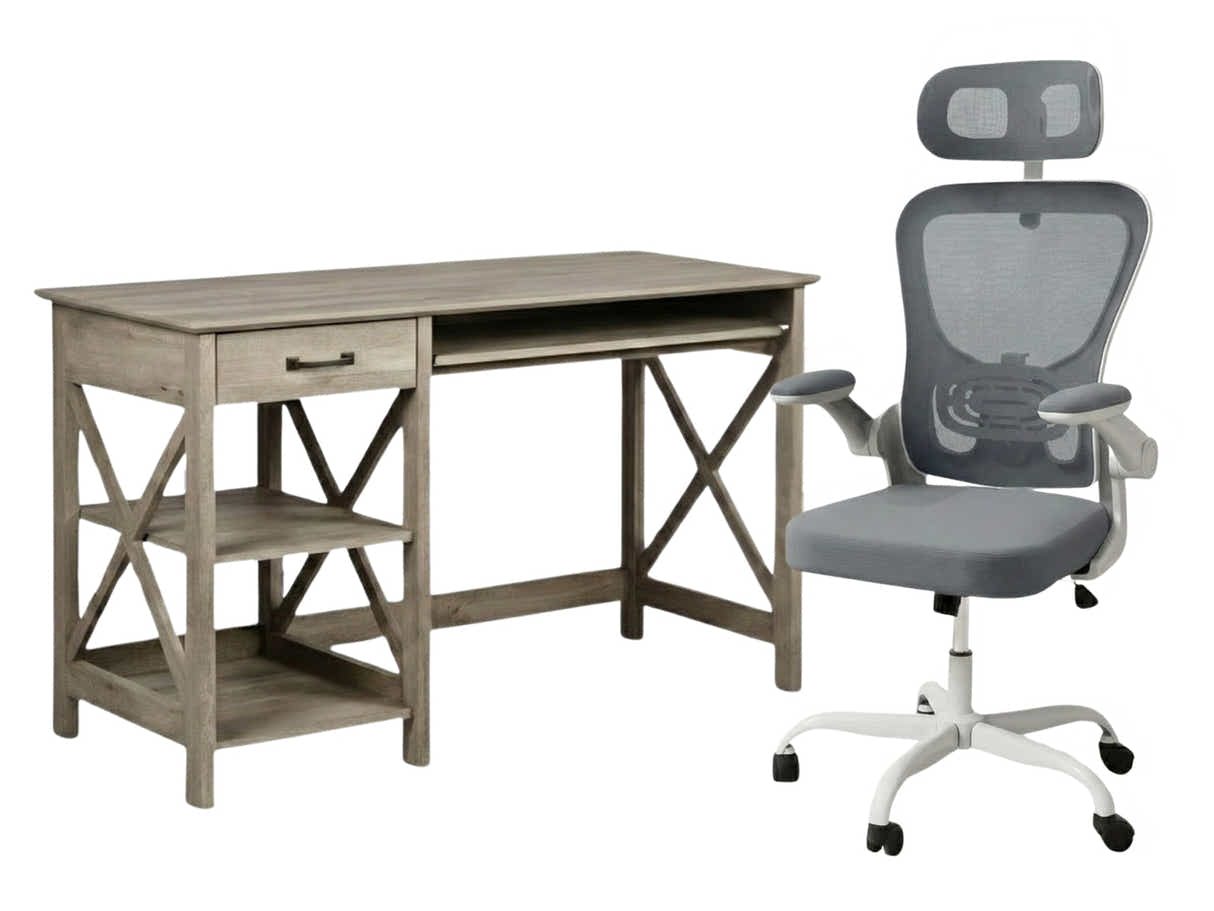 Writing Desk Rustic Oak & Molina Mesh Task Chair White+Grey