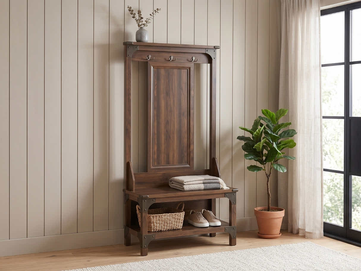 Hall Tree And Shoe Bench - Walnut