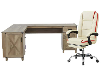 L-Shaped Desk Rustic Oak & Siena Executive Office Chair PU Beige (Combo)