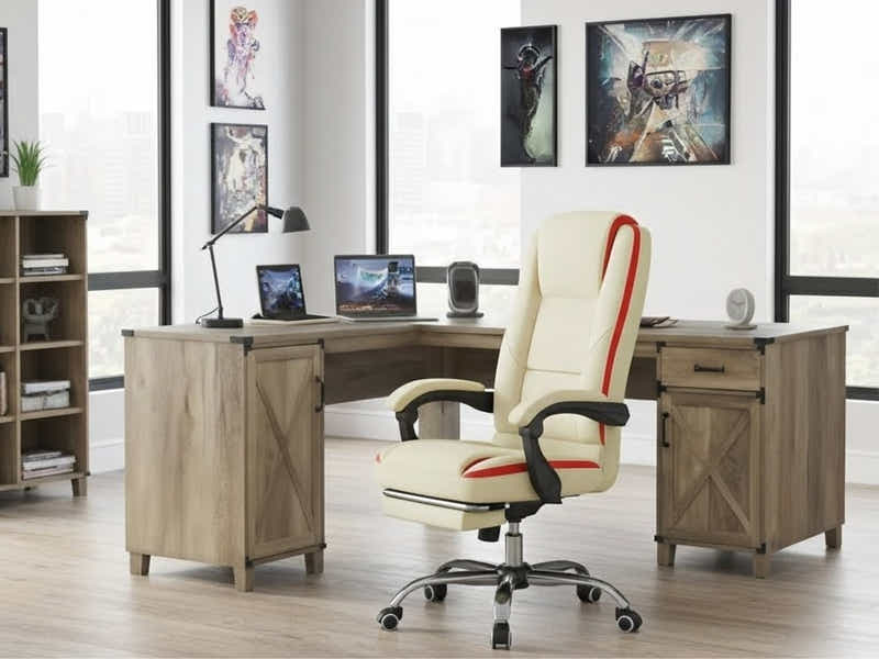 L-Shaped Desk Rustic Oak & Siena Executive Office Chair PU Beige (Combo)