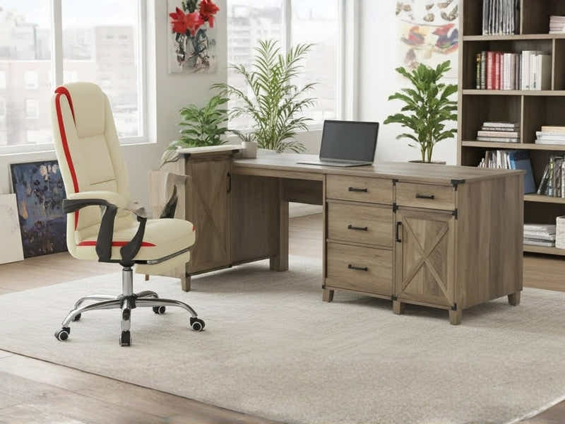 L-Shaped Desk Rustic Oak & Siena Executive Office Chair PU Beige (Combo)