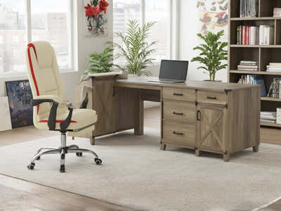 L-Shaped Desk Rustic Oak & Siena Executive Office Chair PU Beige (Combo)