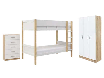 Space-Saving Kids Bedroom Combo - Bunk Bed, Mattresses, Tallboy & Wardrobe
