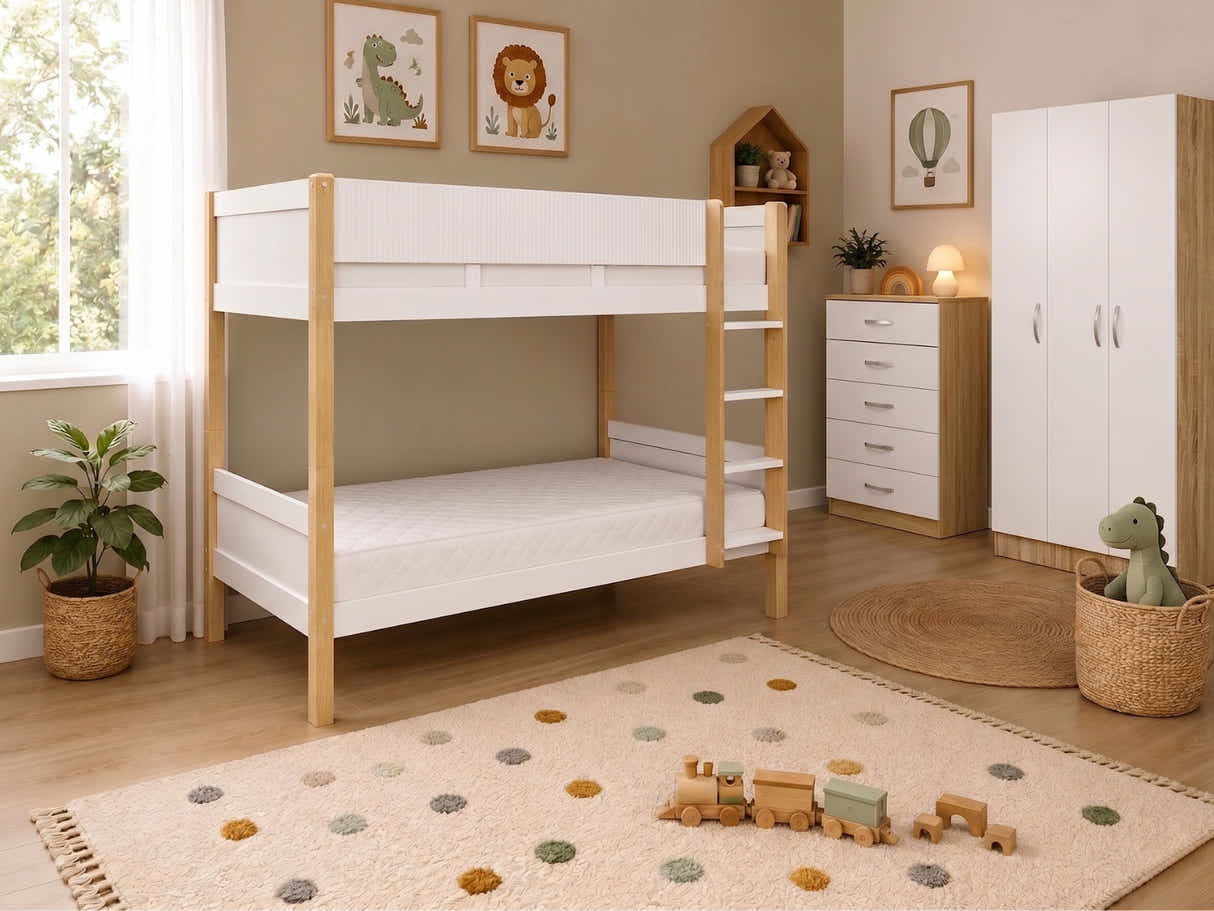 Space-Saving Kids Bedroom Combo - Bunk Bed, Mattresses, Tallboy & Wardrobe
