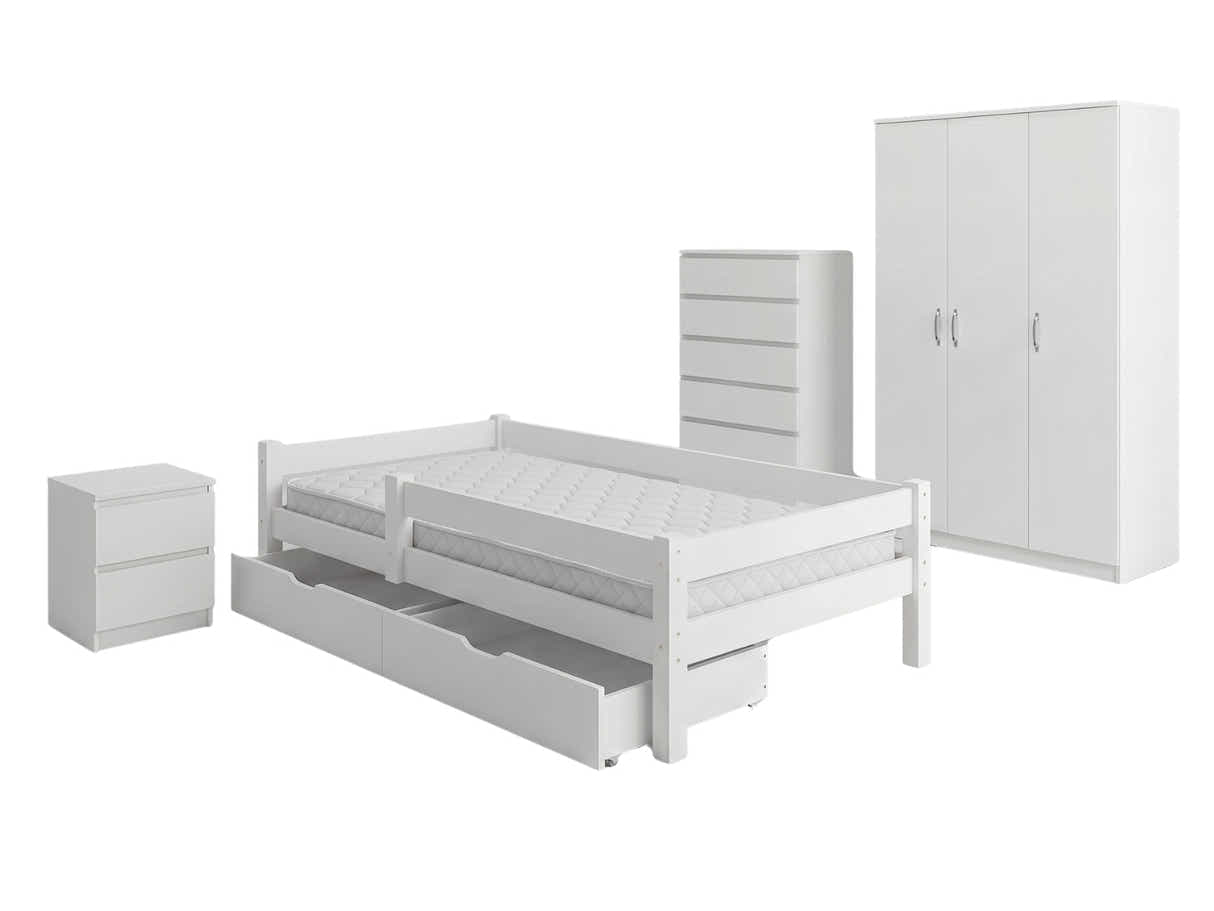 Elegant White Kids Bedroom Combo - Bed,Mattress, Bedside, Tallboy & Wardrobe
