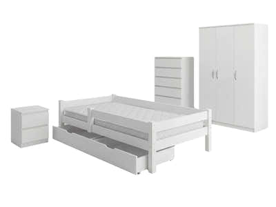 Elegant White Kids Bedroom Combo - Bed,Mattress, Bedside, Tallboy & Wardrobe