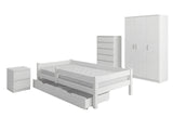 Elegant White Kids Bedroom Combo - Bed,Mattress, Bedside, Tallboy & Wardrobe