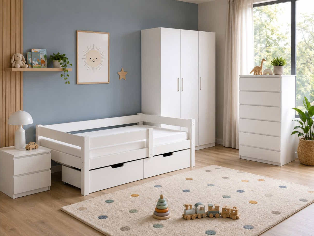 Elegant White Kids Bedroom Combo - Bed,Mattress, Bedside, Tallboy & Wardrobe