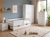 Elegant White Kids Bedroom Combo - Bed,Mattress, Bedside, Tallboy & Wardrobe