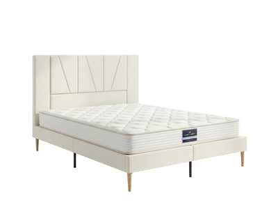 Jervis Bed Frame Linen Beige & PIL20 Mattress with Pillows - Queen