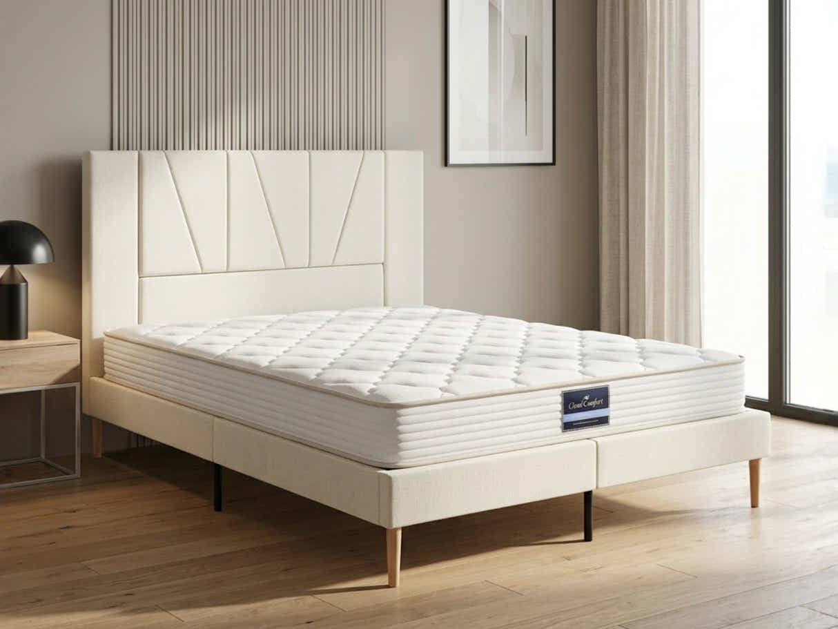 Jervis Bed Frame Linen Beige & PIL20 Mattress with Pillows - Queen