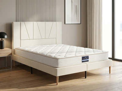 Jervis Bed Frame Linen Beige & PIL20 Mattress with Pillows - Queen