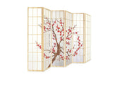 6-Panel Room Divider with Flower Pattern - Natural Wood