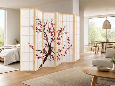 6-Panel Room Divider with Flower Pattern - Natural Wood