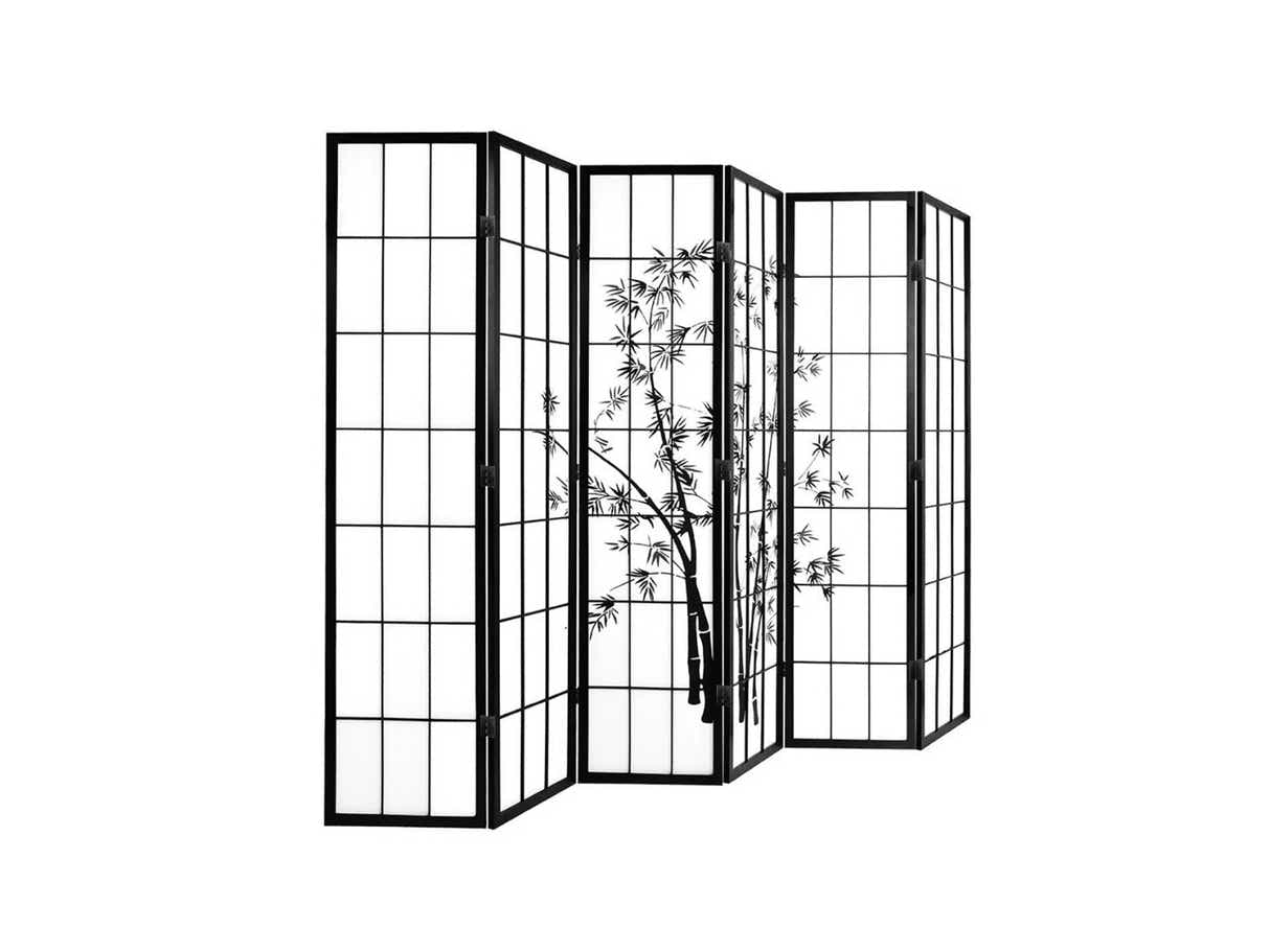 6-Panel Room Divider with Bamboo Pattern - Black