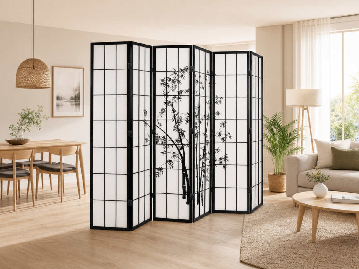 6-Panel Room Divider with Bamboo Pattern - Black