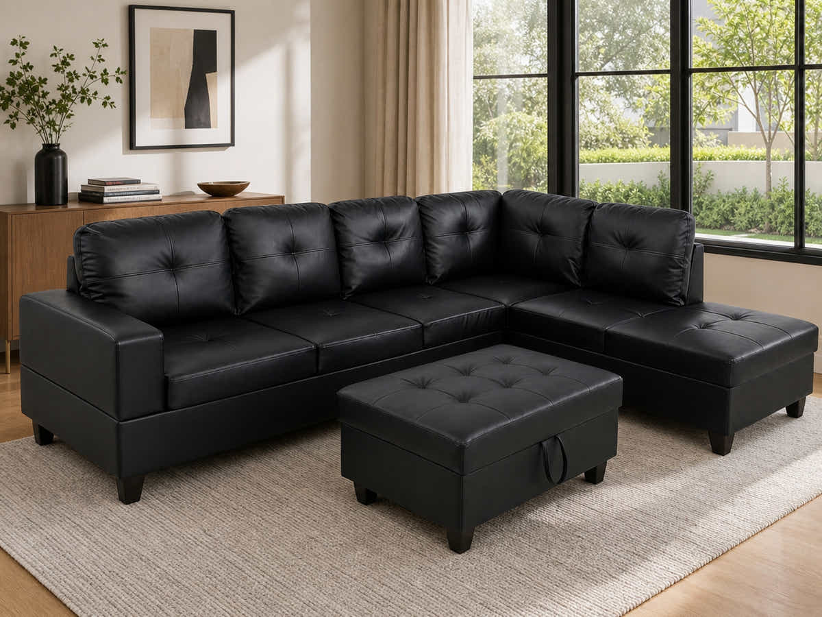 Vega Sectional Sofa with Ottoman PU - Black